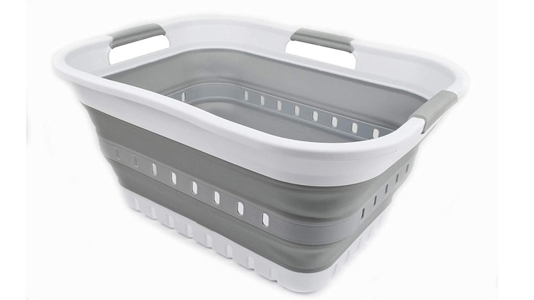 gray and white collapsable hamper