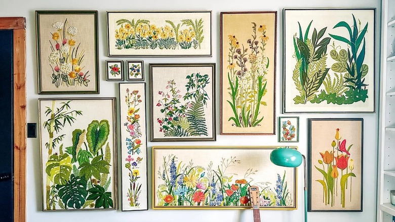 Crewel art gallery wall