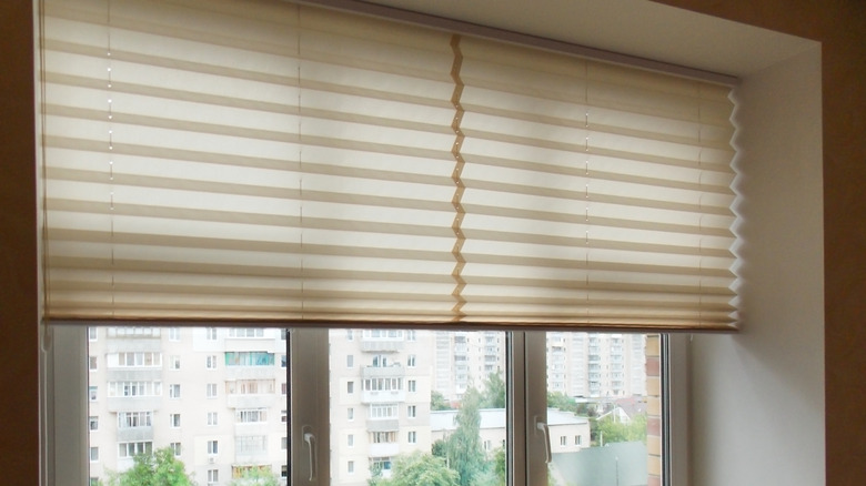 A cellular shade halfway open in a room