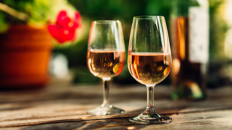 Two glasses of rose sit on an outdoor table next to a potted plant