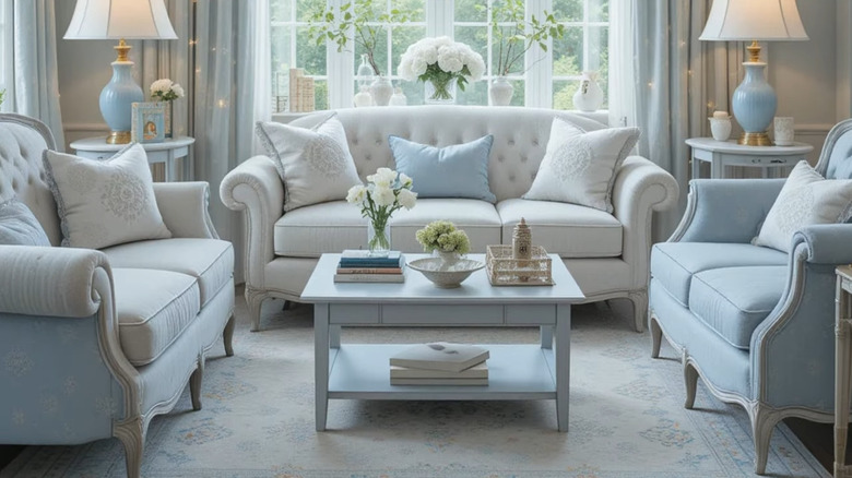 light blue throw pillows and lamps with icy blue and white sofas
