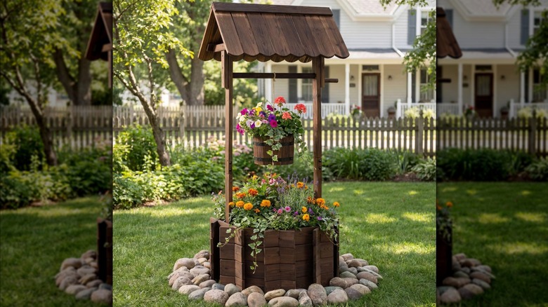 Costway Outdoor Wooden Wishing Well Bucket Flower Planter filled with colorful flowers in a backyard