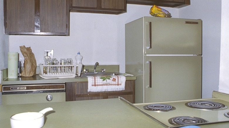 An avocado-green retro kitchen