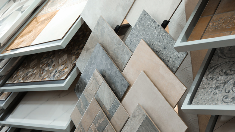 A bathroom tile showroom with neatly arranged displays of different tile types
