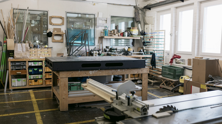workspace area with worktable and woodworking equipment