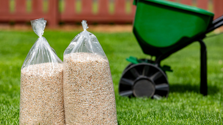 Bags of granular herbicide next to broadcast dispenser on grass