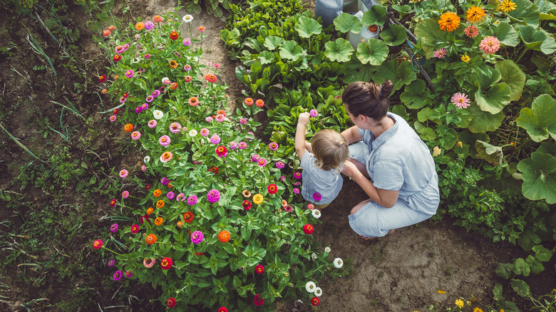 Woman and child in garden
