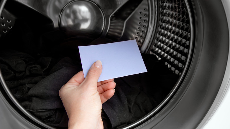 A person placing a laundry detergent sheet into the washer.