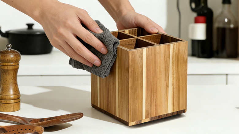 A person cleaning the wooden utensil holder with a cloth