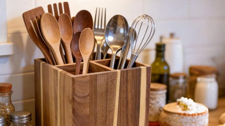 The wooden utensil holder with four slots full of various utensils