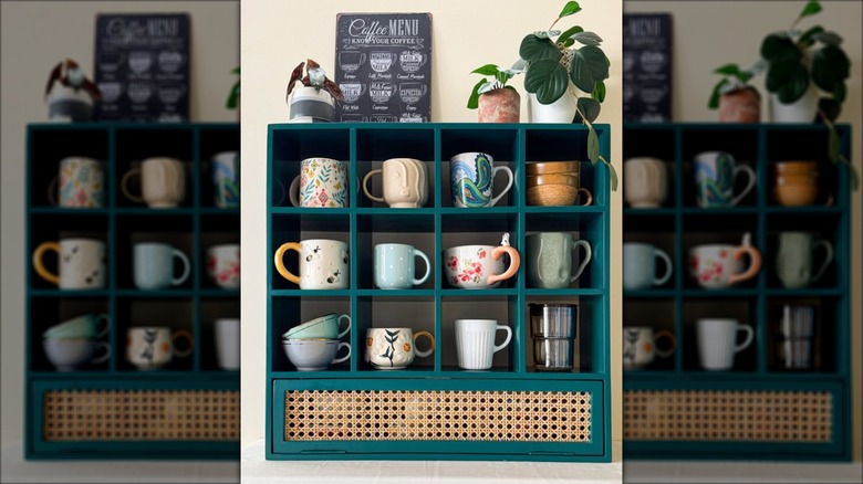 blue cubby organizer with mugs