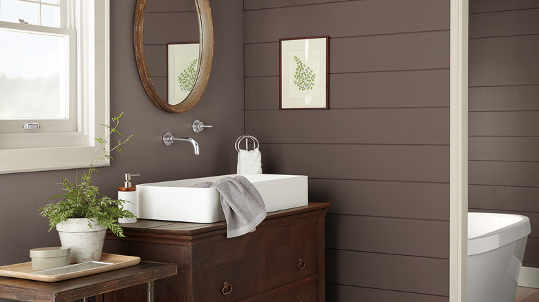 An elegant bathroom is painted Behr Baronial Brown
