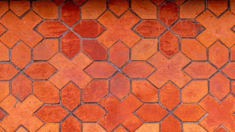 Vintage terracotta tiles are laid in a geometric pattern
