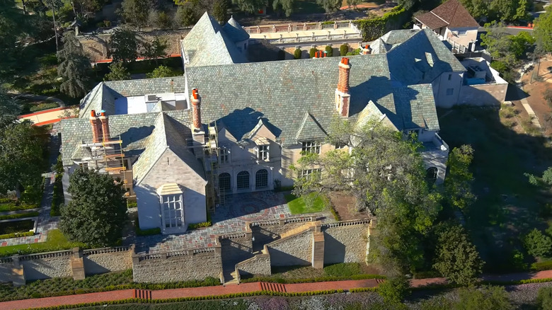 Aerial view of Greystone Mansion in Beverly Hills California neighborhood