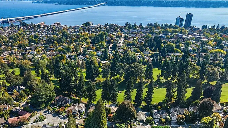 Exclusive Seattle neighborhood aerial view with water and high-rises