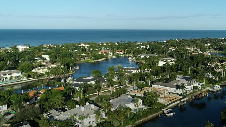Aerial view of Florida neighborhood on ocean with mansions
