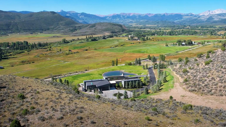 Aerial view of luxury mansion in Colorado Snowmass mountains