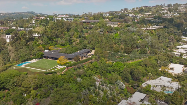 Aerial view of rich California neighborhood with mansion estates