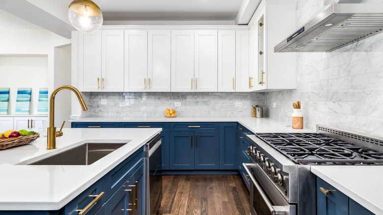 white and blue kitchen cabinets