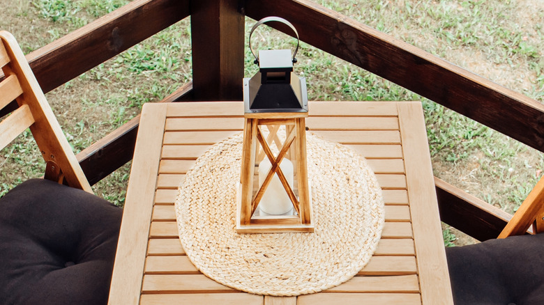 wood furniture with wood lantern on table and on ground