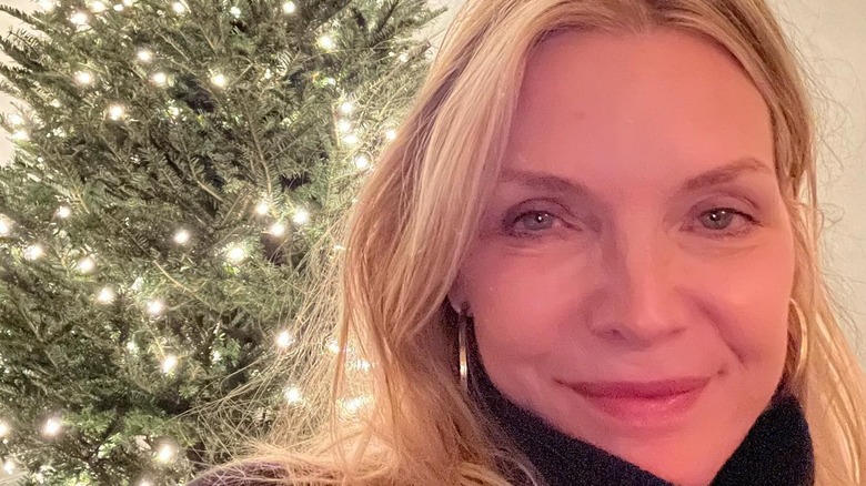 Michelle Pfeiffer posing for the camera, with her minimalist Christmas tree in the background.