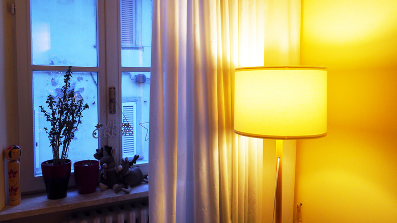 Lit lampshade at night