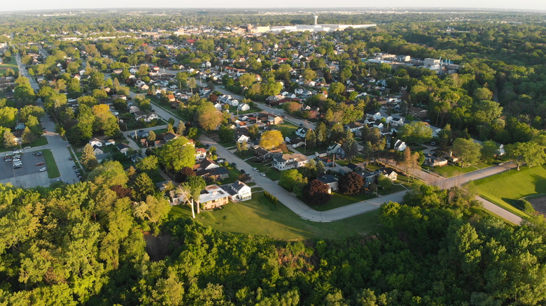 Aerial view of American suburb