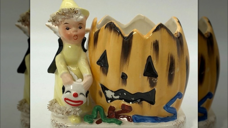 Rare Napco October Angel Pumpkin Jack-O-Lantern Planter Spaghetti Trim S633 VTG