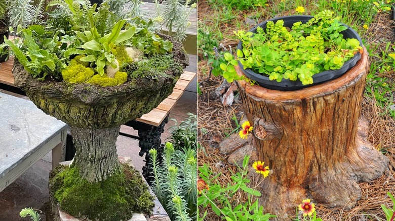 Two faux bois planters with plants.