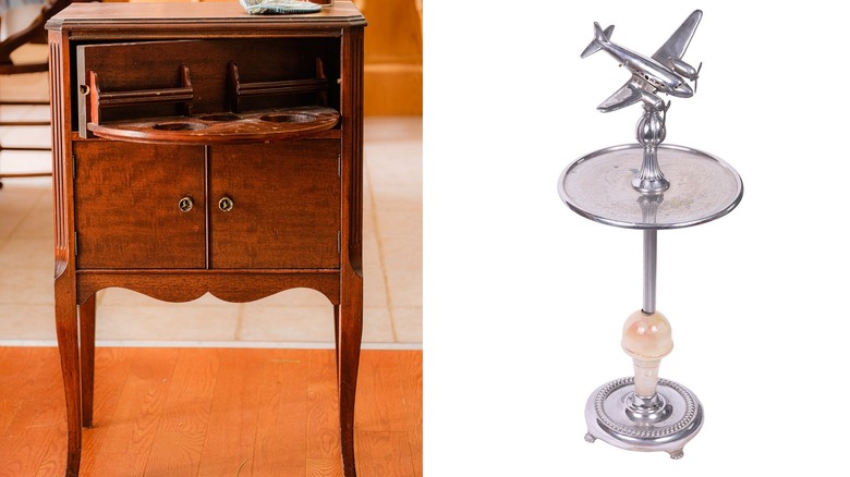 Split image of a vintage smoking table cabinet and a metal smoking stand
