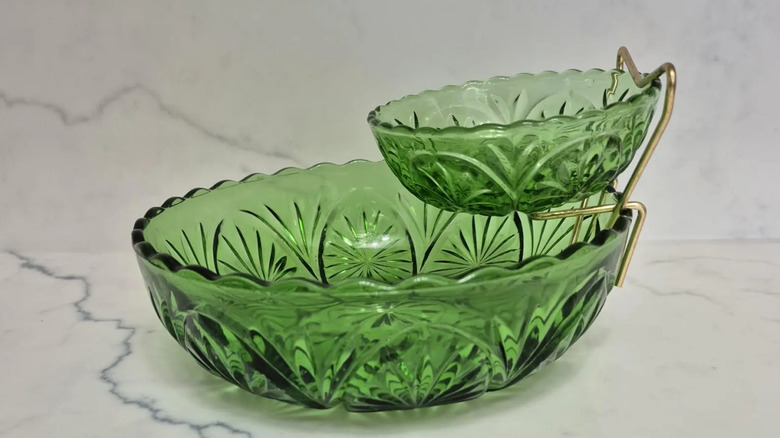 A green 1960s glass chip and dip set