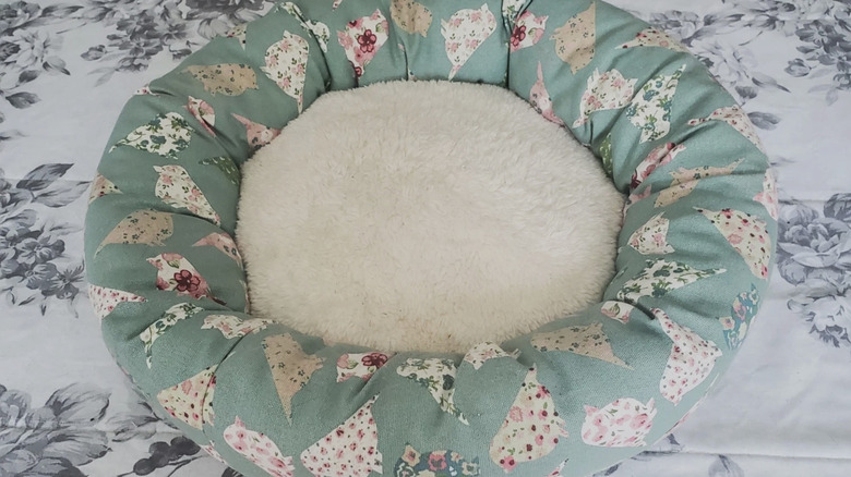 Used floral patterned cat bed with artificial fur on floral backdrop