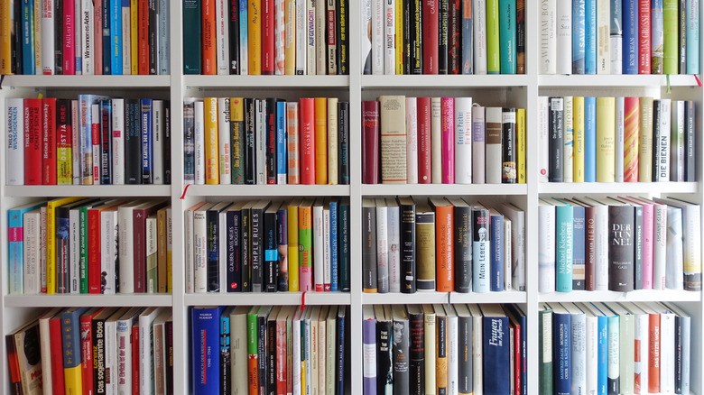 Close-up of very full home bookshelf