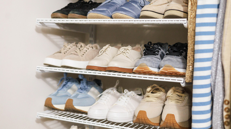 Various pairs of sneakers and shoes arranged neatly on white shelves in a closet,