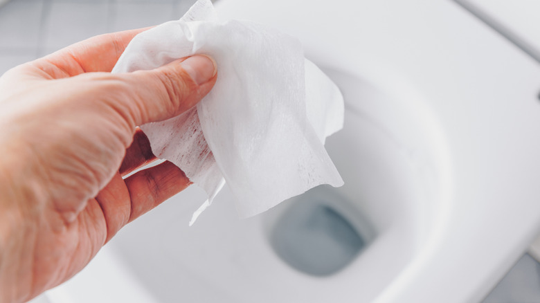 Person holding a flushable wipe over a toilet