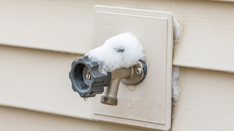 Outdoor spigot covered in snow