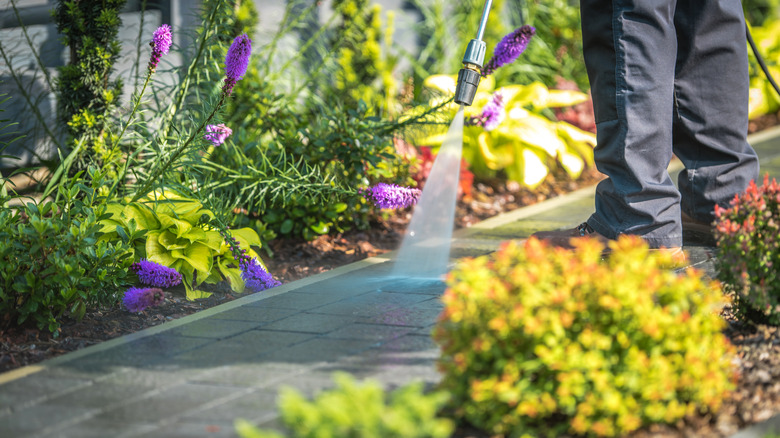 Pressure washing garden path