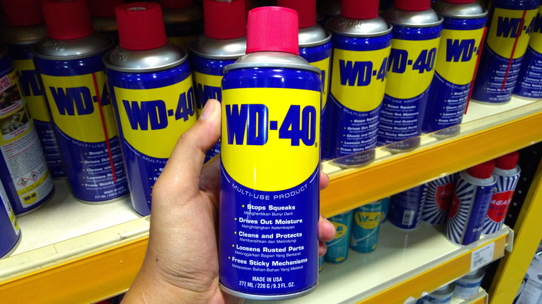 Hand holding WD-40 is the trademark name of the penetrating oil and water-displacing spray.