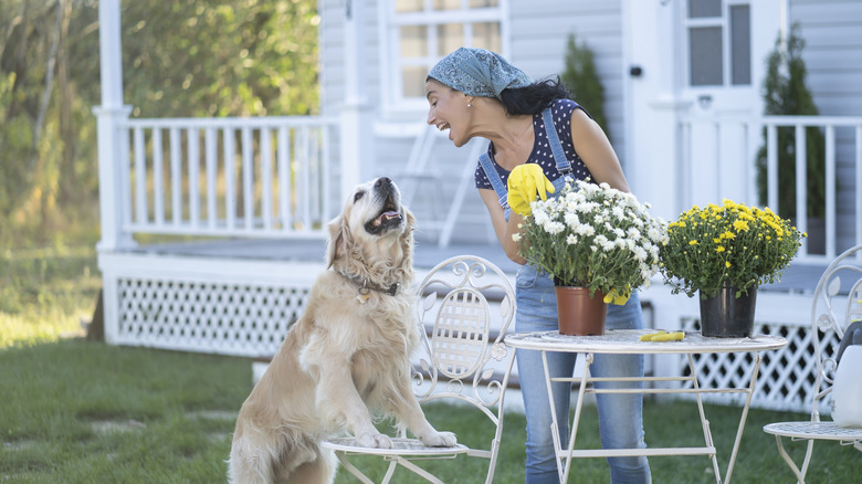 Woman wearing overalls in a garden smiling and interacting with a dog.
