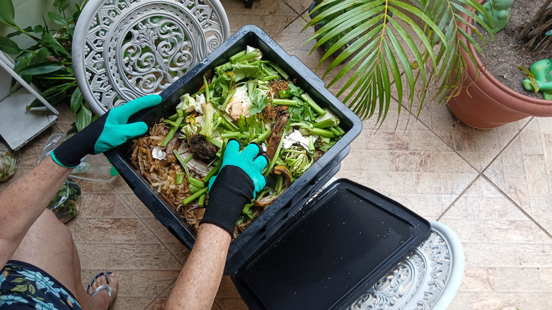 A man wearing teal garden gloves mixing up food scrap materials at the top of a compost bin, including a tea bag