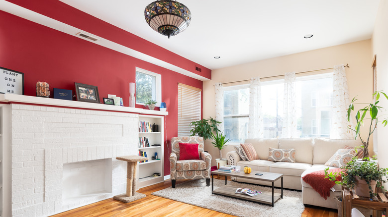 Coral living room accent wall