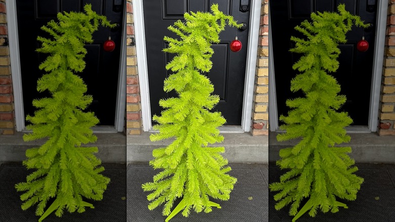 A Grinch-themed Christmas tree made from Dollar Tree supplies.