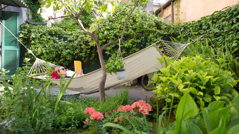 Woman reading book in a hammock in a yard with green and pink plants