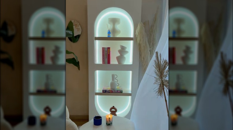 An illuminated DIY bookshelf created using IKEA products