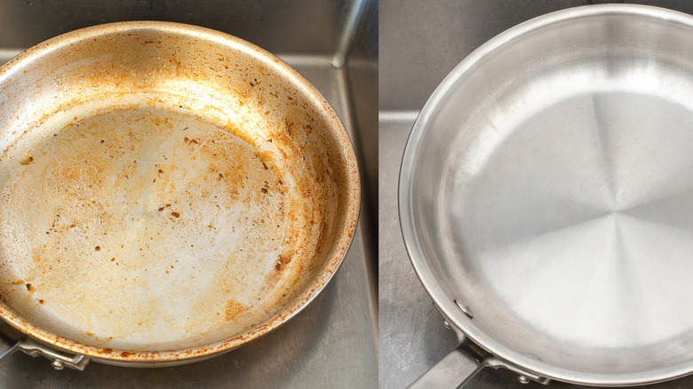 before and after of burnt pan 