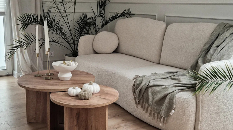 A modern beige curved natural boucle sofa with a green throw and a potted plant next to it
