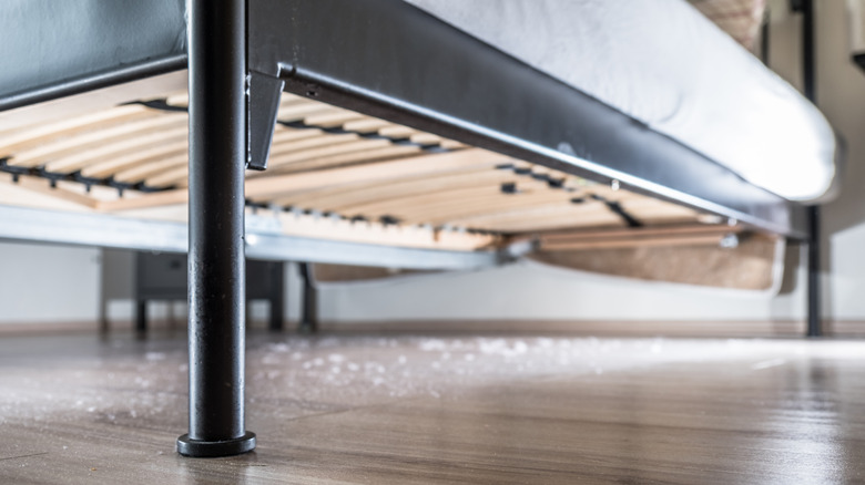A layer of dust covers the wooden floor beneath a bed.