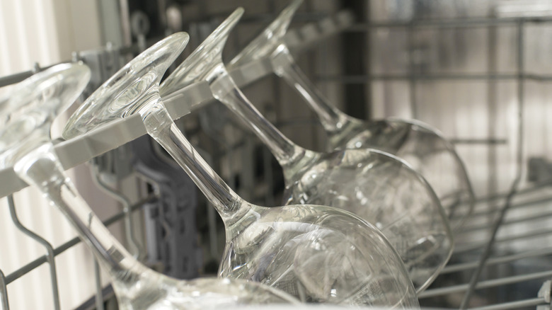 Closeup of wineglasses in dishwasher
