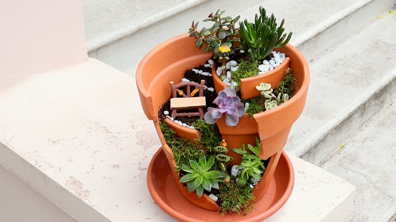 Fairy garden in a broken terracotta pot
