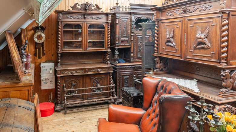 Hutches and other vintage and antique furniture in a second hand store.